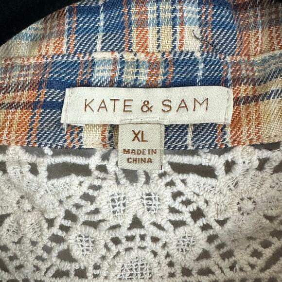 Women's Kate & Sam Cream Blue Crochet Lace Plaid Button Up Flannel Top Boho XL - Picture 6 of 8